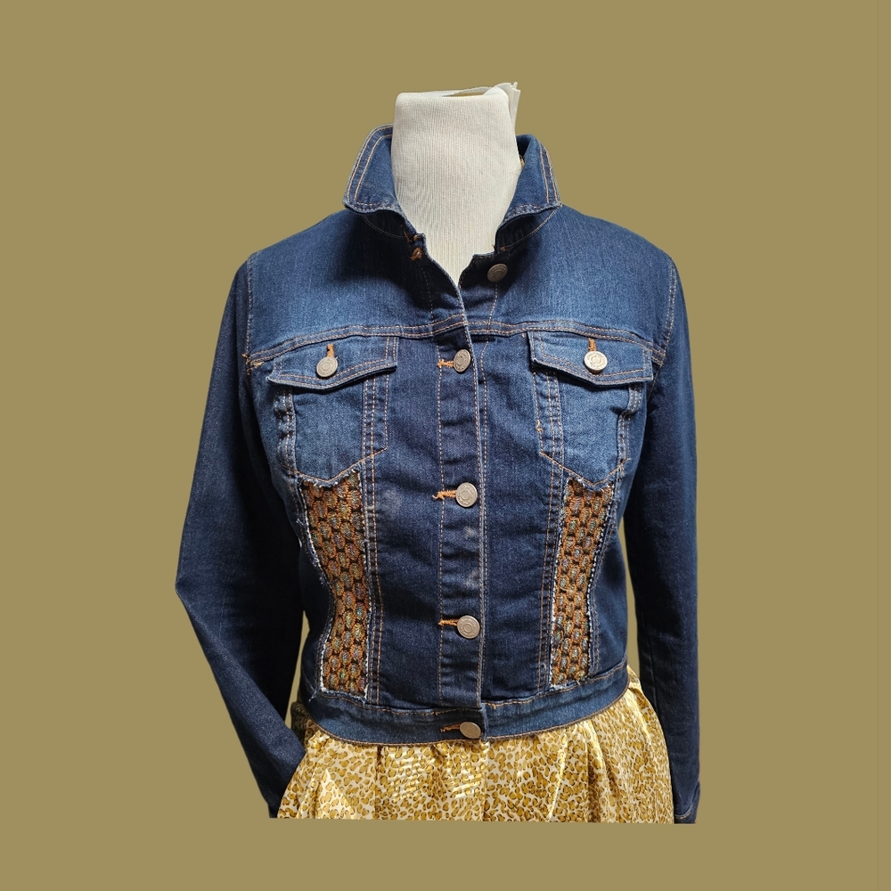 Denim Jacket With Gold Patterned Panels - image 1